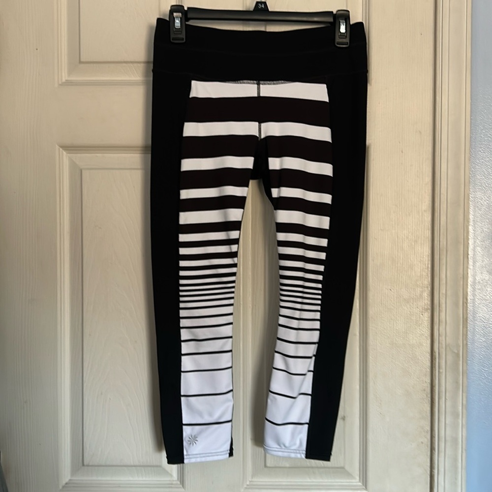 Athleta Black and White Striped Leggings—cropped
